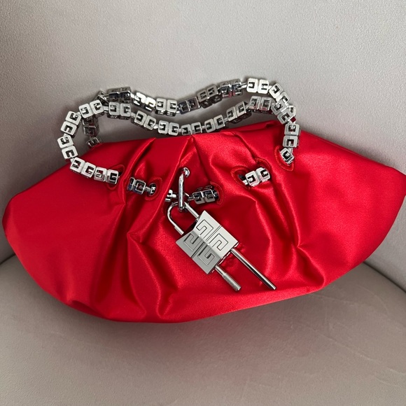 Red Satin Clutch with Silver Chain - Picture 2 of 3